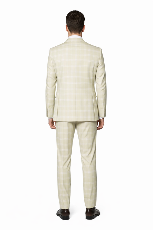 Mens Light Beige Check 3-Piece Suit Set Premium Tailored Fit Formal Wedding and Spring Event Suit Light Tan Sand Color By Rossiman