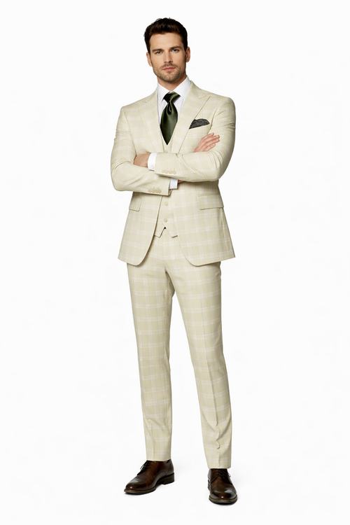 Mens Light Beige Check 3-Piece Suit Set Premium Tailored Fit Formal Wedding and Spring Event Suit Light Tan Sand Color By Rossiman
