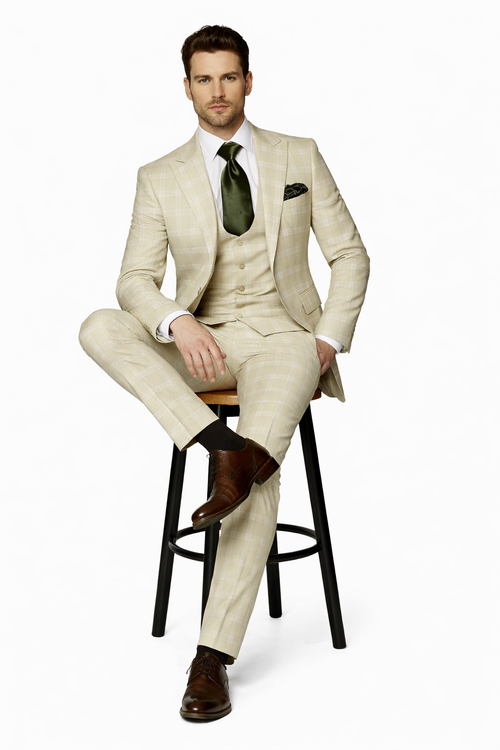 Mens Light Beige Check 3-Piece Suit Set Premium Tailored Fit Formal Wedding and Spring Event Suit Light Tan Sand Color By Rossiman