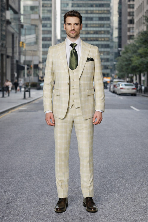 Mens Light Beige Check 3-Piece Suit Set Premium Tailored Fit Formal Wedding and Spring Event Suit Light Tan Sand Color By Rossiman