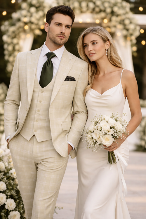 Mens Light Beige Check 3-Piece Suit Set Premium Tailored Fit Formal Wedding and Spring Event Suit Light Tan Sand Color By Rossiman