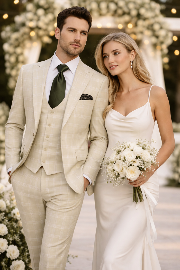 Mens Light Beige Check 3-Piece Suit Set Premium Tailored Fit Formal Wedding and Spring Event Suit Light Tan Sand Color By Rossiman