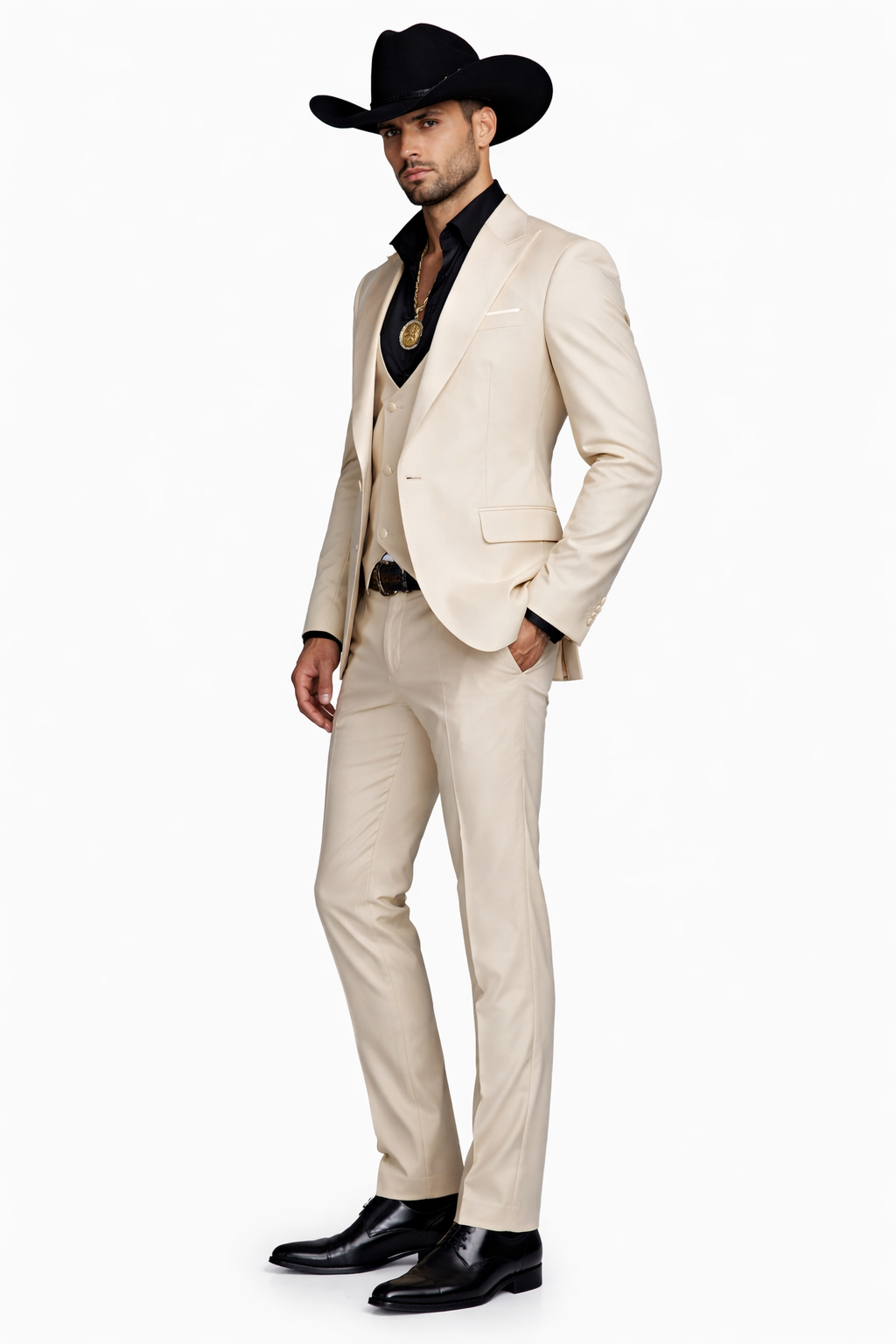 Mens Light Beige Western 3-Piece Suit – Cowboy Tuxedo with Shawl Lapel
