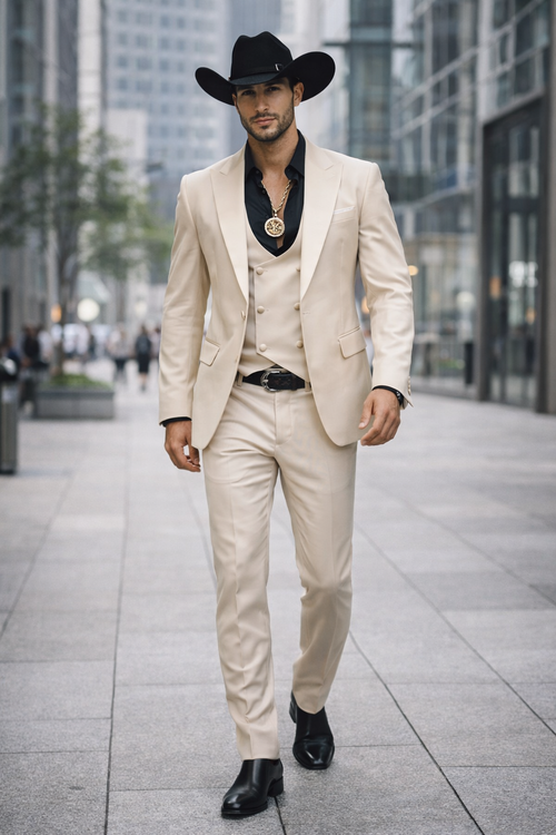 Mens Light Beige Western 3-Piece Suit – Cowboy Tuxedo with Shawl Lapel