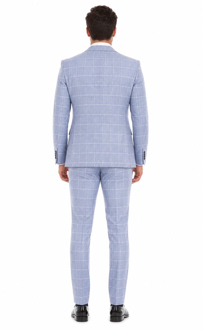 Mens Light Blue Plaid Three Piece Suit – Windowpane Check Wedding and Business Formal Suit Set