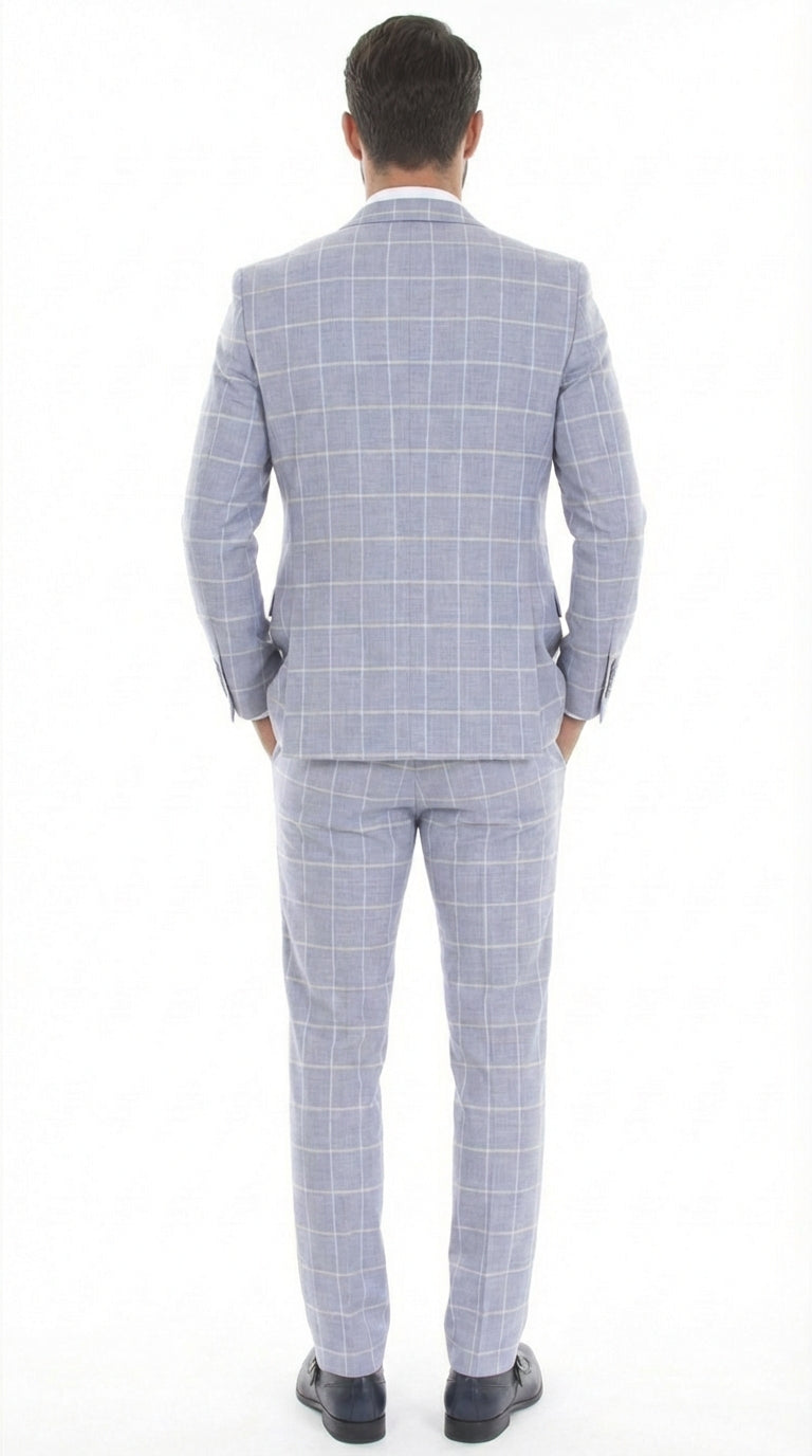 Mens Light Blue Plaid Three Piece Suit – Windowpane Check Wedding and Business Formal Suit Set