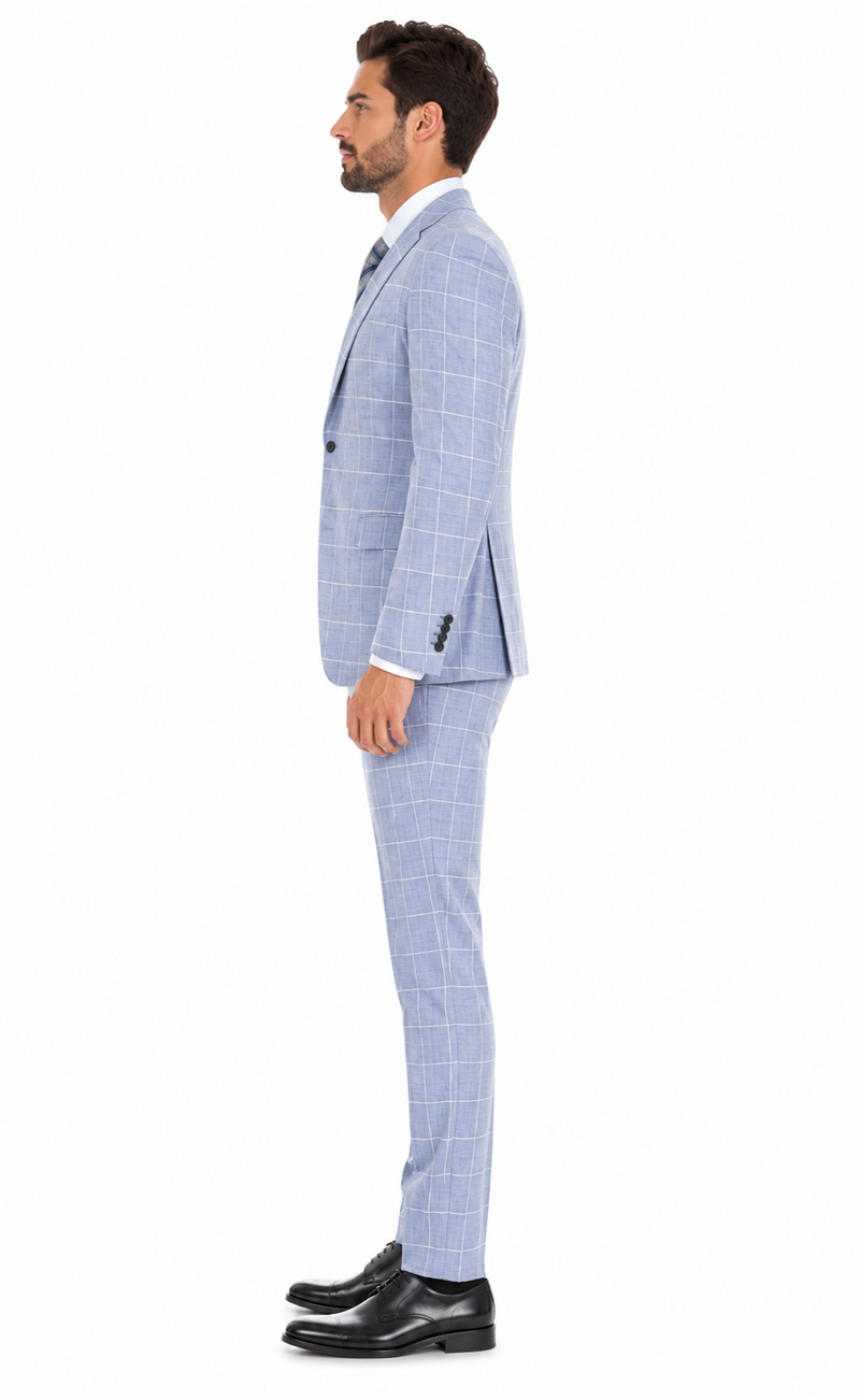 Mens Light Blue Plaid Three Piece Suit – Windowpane Check Wedding and Business Formal Suit Set