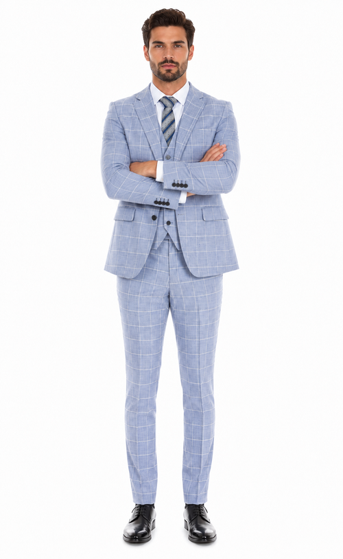 Mens Light Blue Plaid Three Piece Suit – Windowpane Check Wedding and Business Formal Suit Set