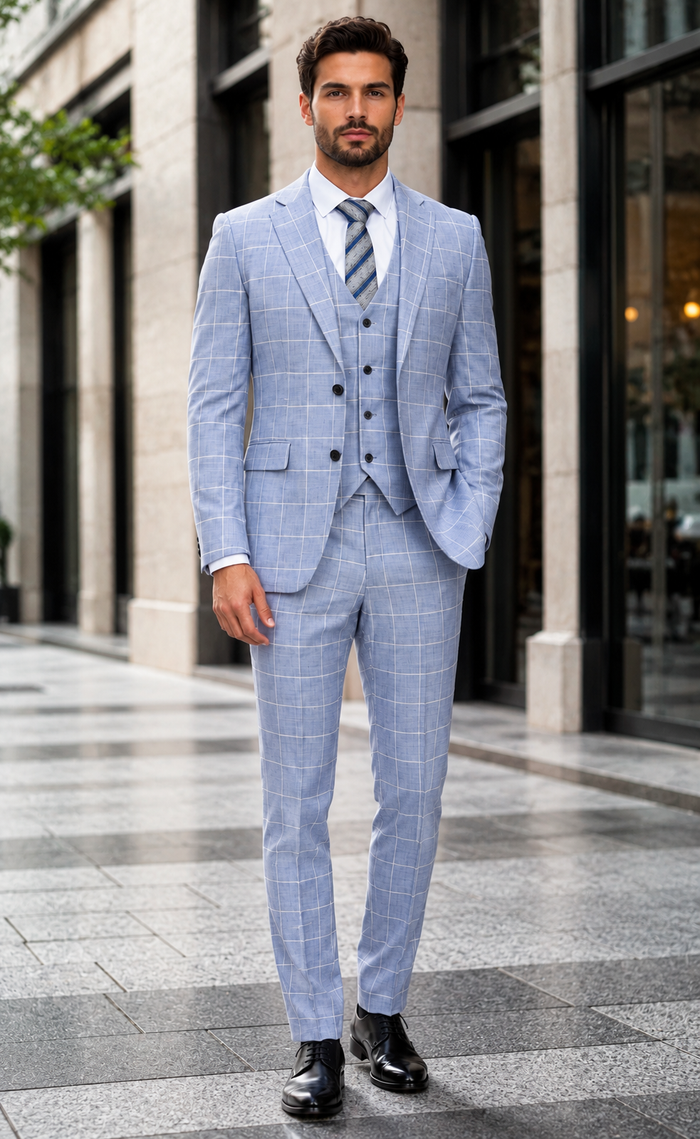 Mens Light Blue Plaid Three Piece Suit – Windowpane Check Wedding and Business Formal Suit Set