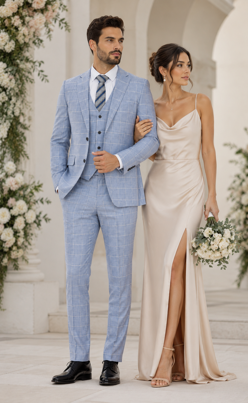 Mens Light Blue Plaid Three Piece Suit – Windowpane Check Wedding and Business Formal Suit Set