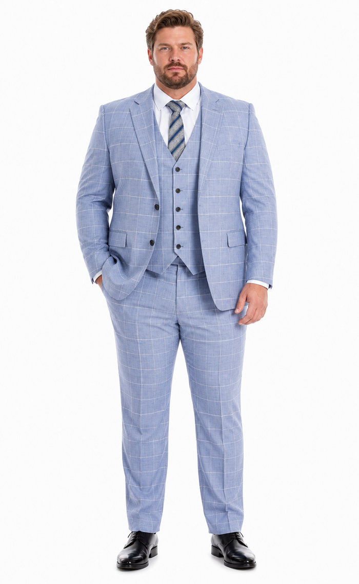 Mens Light Blue Plaid Three Piece Suit – Windowpane Check Wedding and Business Formal Suit Set