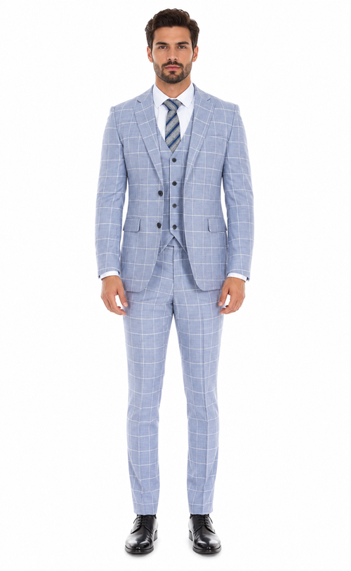 Mens Light Blue Plaid Three Piece Suit – Windowpane Check Wedding and Business Formal Suit Set