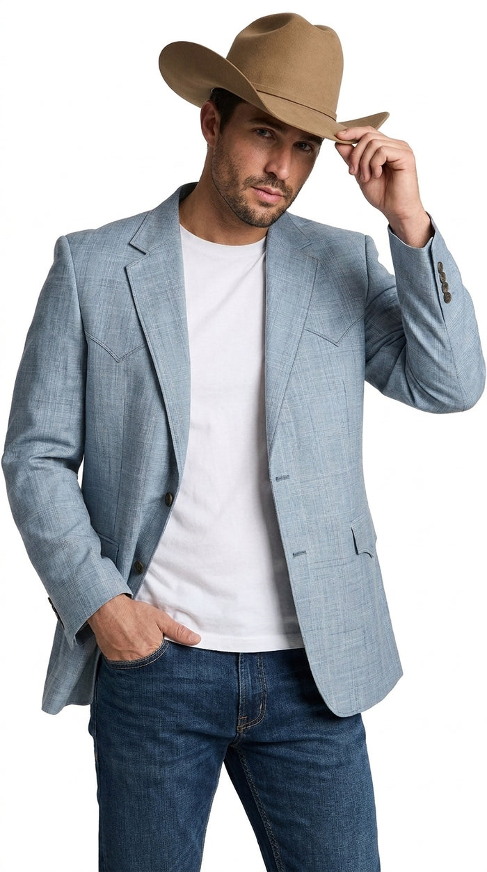 Mens Light Blue Western Blazer – Classic Cowboy Sport Coat with Western Yoke Design