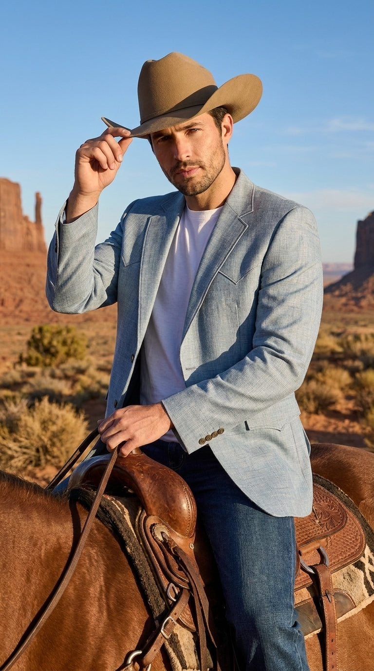 Mens Light Blue Western Blazer – Classic Cowboy Sport Coat with Western Yoke Design