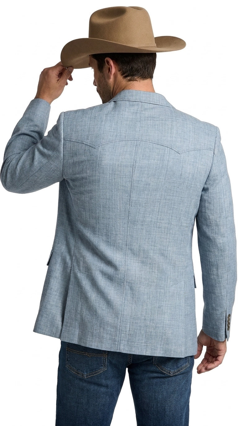 Mens Light Blue Western Blazer – Classic Cowboy Sport Coat with Western Yoke Design