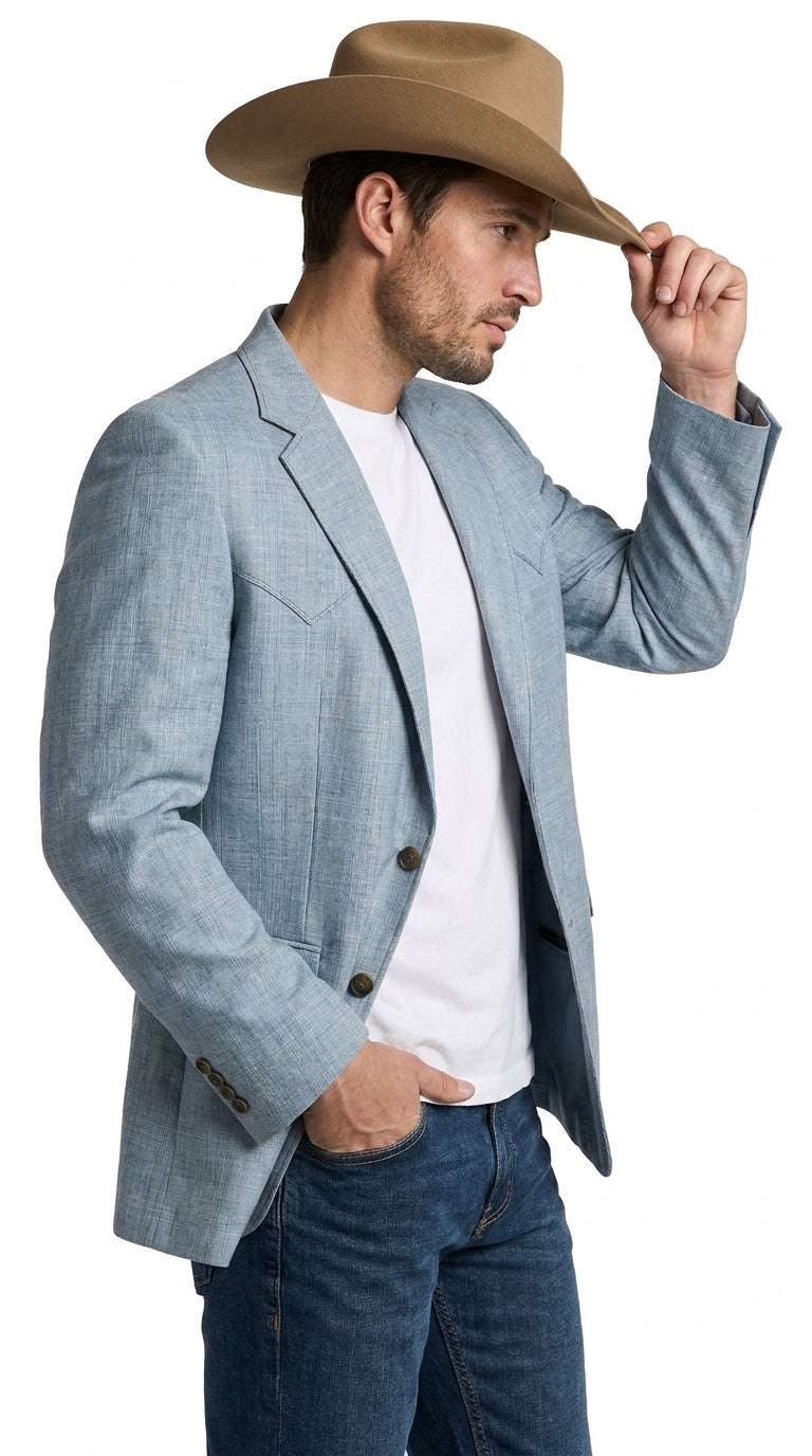 Mens Light Blue Western Blazer – Classic Cowboy Sport Coat with Western Yoke Design