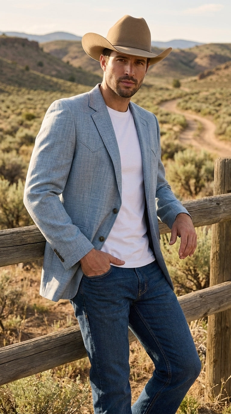 Mens Light Blue Western Blazer – Classic Cowboy Sport Coat with Western Yoke Design