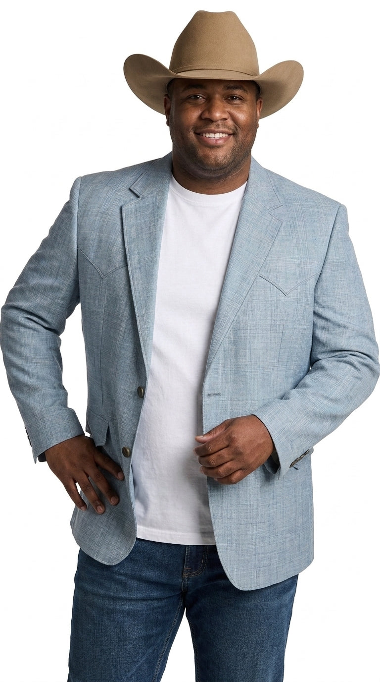 Mens Light Blue Western Blazer – Classic Cowboy Sport Coat with Western Yoke Design