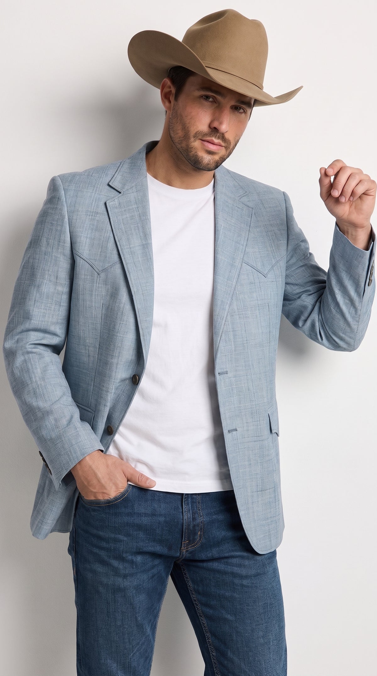 Mens Light Blue Western Blazer – Classic Cowboy Sport Coat with Western Yoke Design