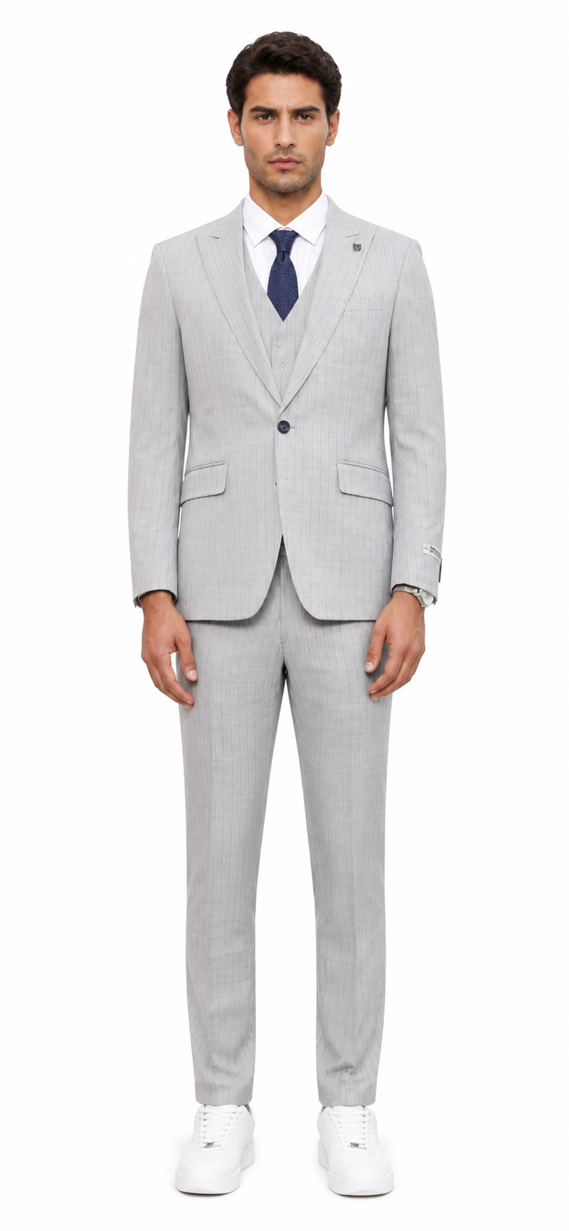Mens Light Gray and Black Pinstripe 3 Piece Suit – Peaky Blinders Inspired Vintage Gangster 1920s Suit