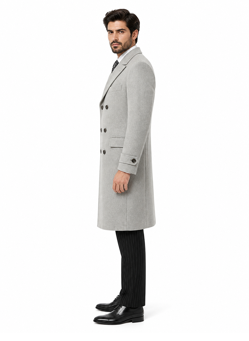 Mens Light Gray Double-Breasted Wool Overcoat â€“ Classic Long Dress Coat for Winter