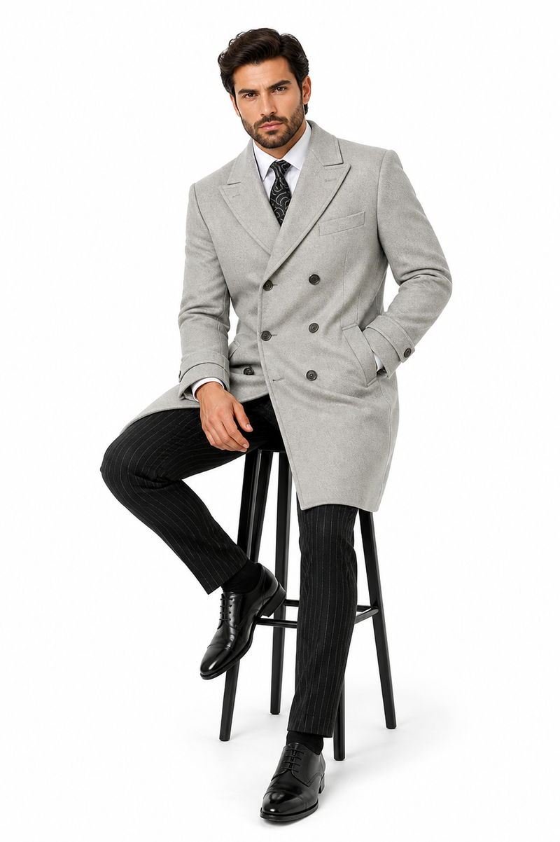 Mens Light Gray Double-Breasted Wool Overcoat â€“ Classic Long Dress Coat for Winter