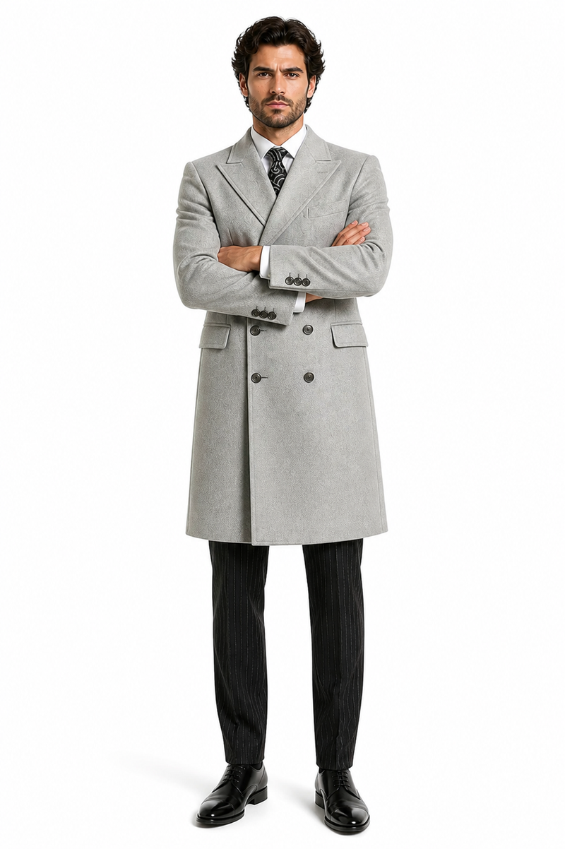 Mens Light Gray Double-Breasted Wool Overcoat â€“ Classic Long Dress Coat for Winter