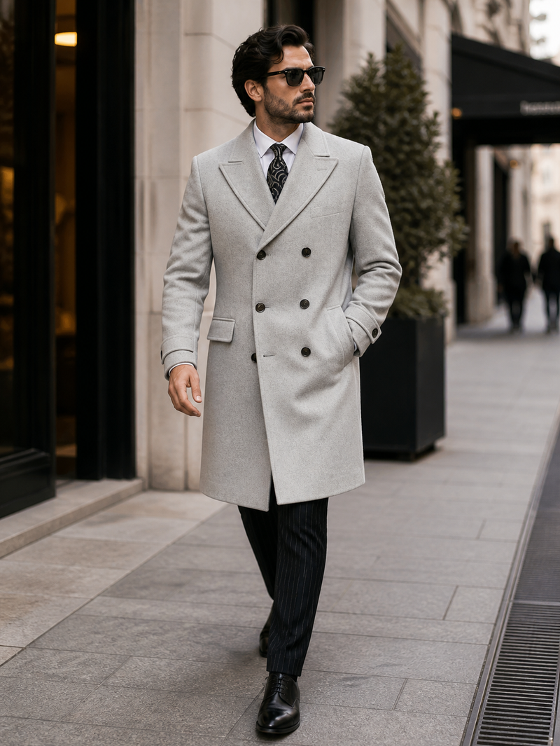Mens Light Gray Double-Breasted Wool Overcoat â€“ Classic Long Dress Coat for Winter