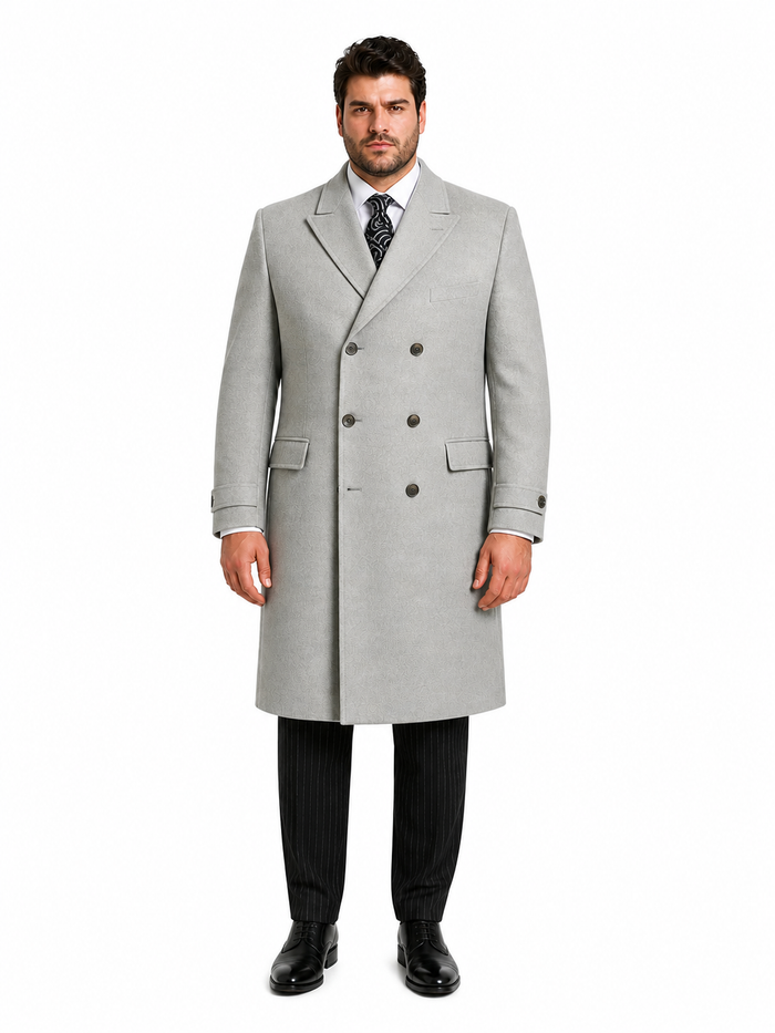 Mens Light Gray Double-Breasted Wool Overcoat â€“ Classic Long Dress Coat for Winter