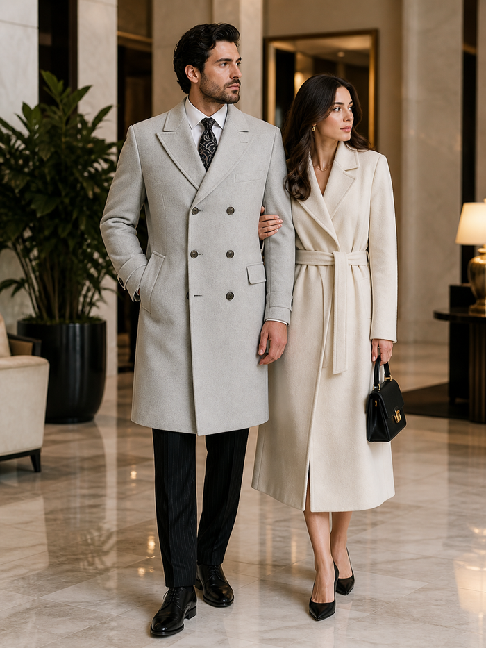 Mens Light Gray Double-Breasted Wool Overcoat â€“ Classic Long Dress Coat for Winter