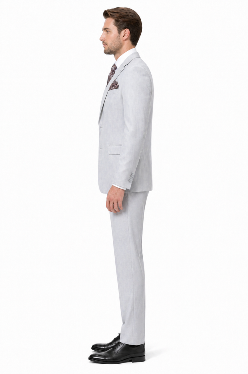 Men’s Light Grey Sharkskin 3 Piece Suit – Two Button Vested Modern Formal Business Suit for Wedding in silver Ice Gray