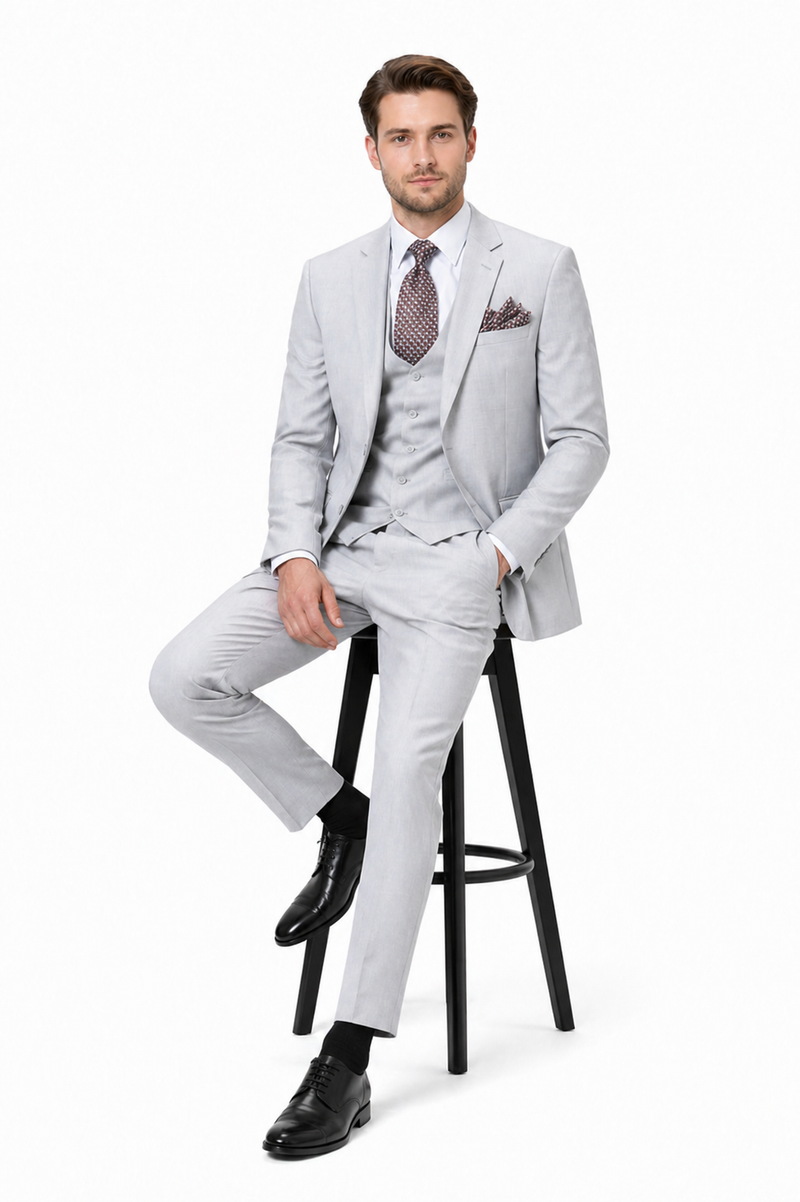 Men’s Light Grey Sharkskin 3 Piece Suit – Two Button Vested Modern Formal Business Suit for Wedding in silver Ice Gray