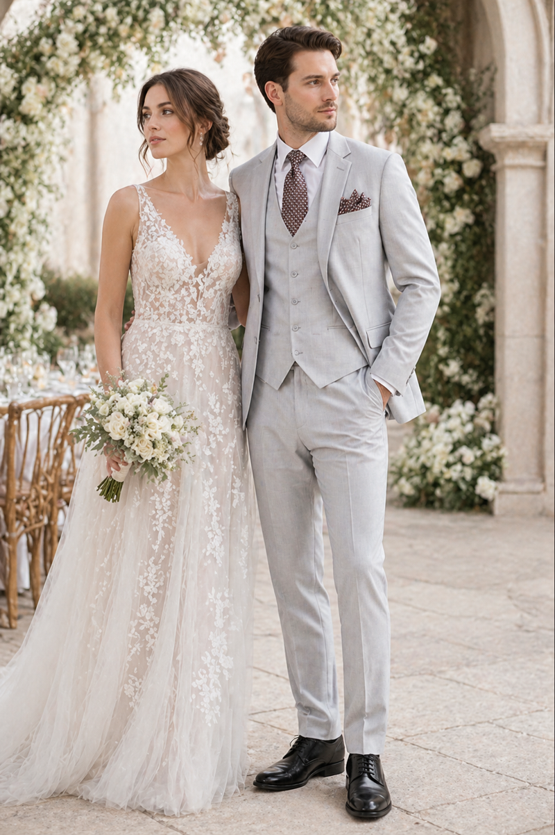 Men’s Light Grey Sharkskin 3 Piece Suit – Two Button Vested Modern Formal Business Suit for Wedding in silver Ice Gray
