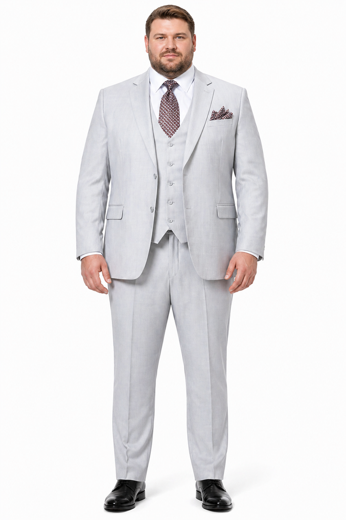 Men’s Light Grey Sharkskin 3 Piece Suit – Two Button Vested Modern Formal Business Suit for Wedding in silver Ice Gray