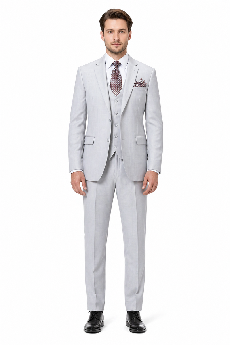 Men’s Light Grey Sharkskin 3 Piece Suit – Two Button Vested Modern Formal Business Suit for Wedding in silver Ice Gray