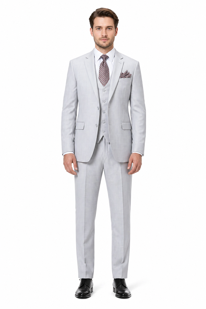 Men’s Light Grey Sharkskin 3 Piece Suit – Two Button Vested Modern Formal Business Suit for Wedding in silver Ice Gray