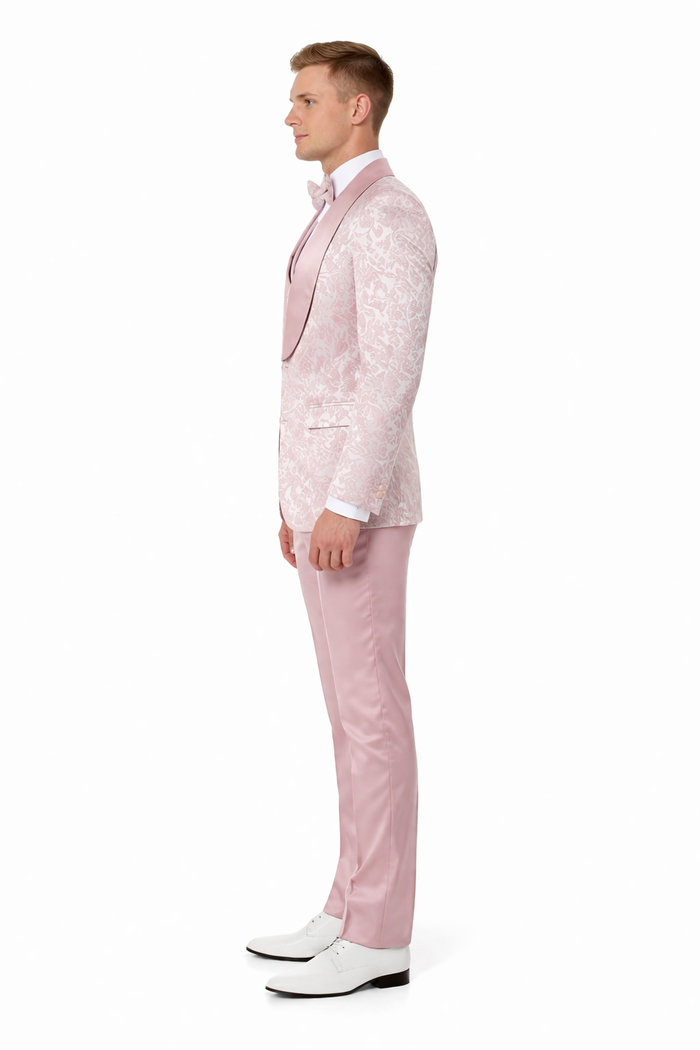 Mens Light Pink Dusty Rose -  Floral Tuxedo Suit Luxury Satin Shawl Lapel 3-Piece Formal Wedding and Prom Suit in Blush Mauve color