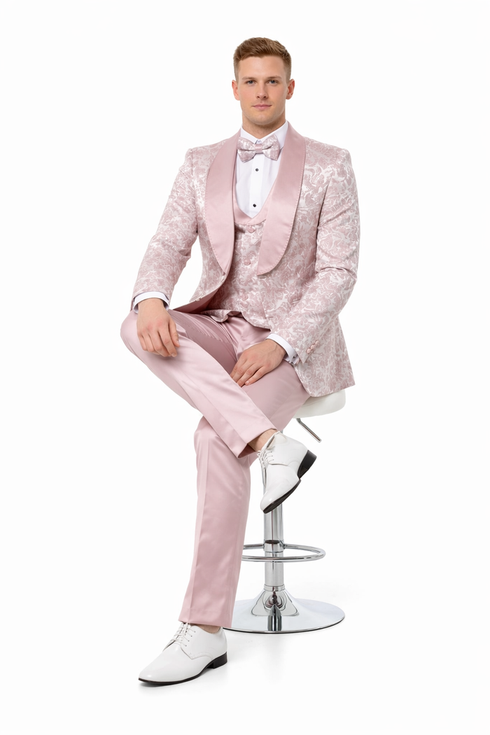 Mens Light Pink Dusty Rose -  Floral Tuxedo Suit Luxury Satin Shawl Lapel 3-Piece Formal Wedding and Prom Suit in Blush Mauve color