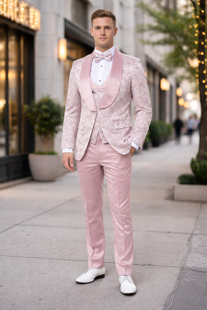 Mens Light Pink Dusty Rose -  Floral Tuxedo Suit Luxury Satin Shawl Lapel 3-Piece Formal Wedding and Prom Suit in Blush Mauve color