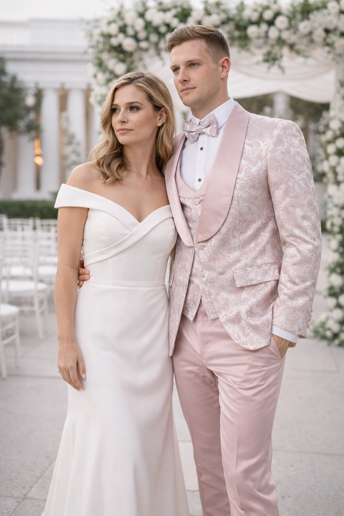 Mens Light Pink Dusty Rose -  Floral Tuxedo Suit Luxury Satin Shawl Lapel 3-Piece Formal Wedding and Prom Suit in Blush Mauve color