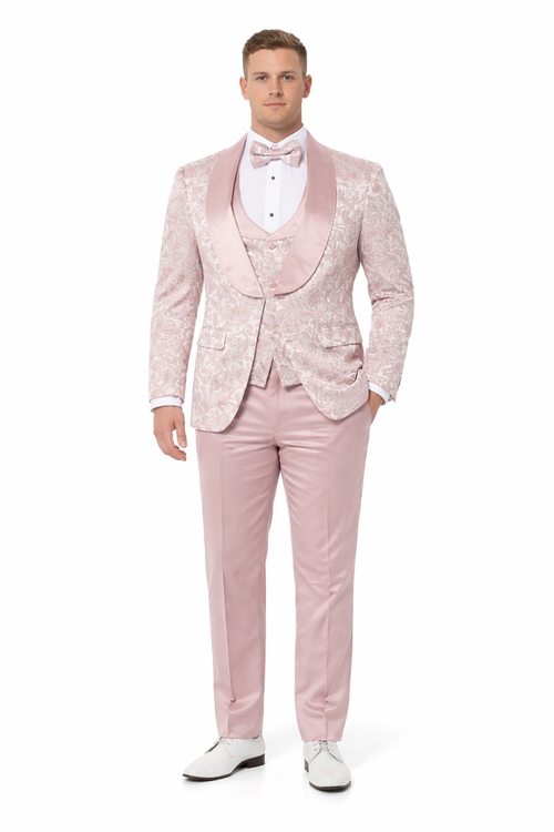 Mens Light Pink Dusty Rose -  Floral Tuxedo Suit Luxury Satin Shawl Lapel 3-Piece Formal Wedding and Prom Suit in Blush Mauve color