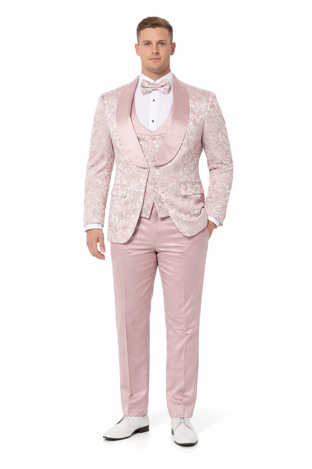 Mens Light Pink Dusty Rose -  Floral Tuxedo Suit Luxury Satin Shawl Lapel 3-Piece Formal Wedding and Prom Suit in Blush Mauve color