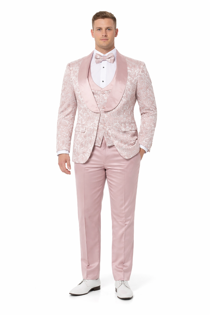 Mens Light Pink Dusty Rose -  Floral Tuxedo Suit Luxury Satin Shawl Lapel 3-Piece Formal Wedding and Prom Suit in Blush Mauve color