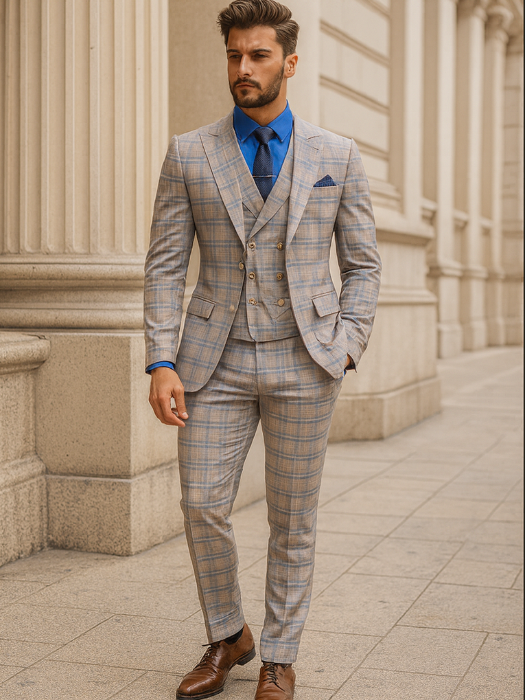 Light grey plaid suit with vest for men's formal wear. Features gold buttons, tailored fit, subtle blue/beige check. Includes blazer, vest, trousers. Structured, soft material. Paired with brown dress shoes.

