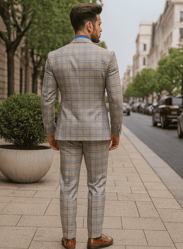 Light blue & beige plaid suit with a fitted blazer, vest, and matching trousers. Tailored with gold buttons, structured shoulders, and a narrow waist. Symmetrical pattern.
