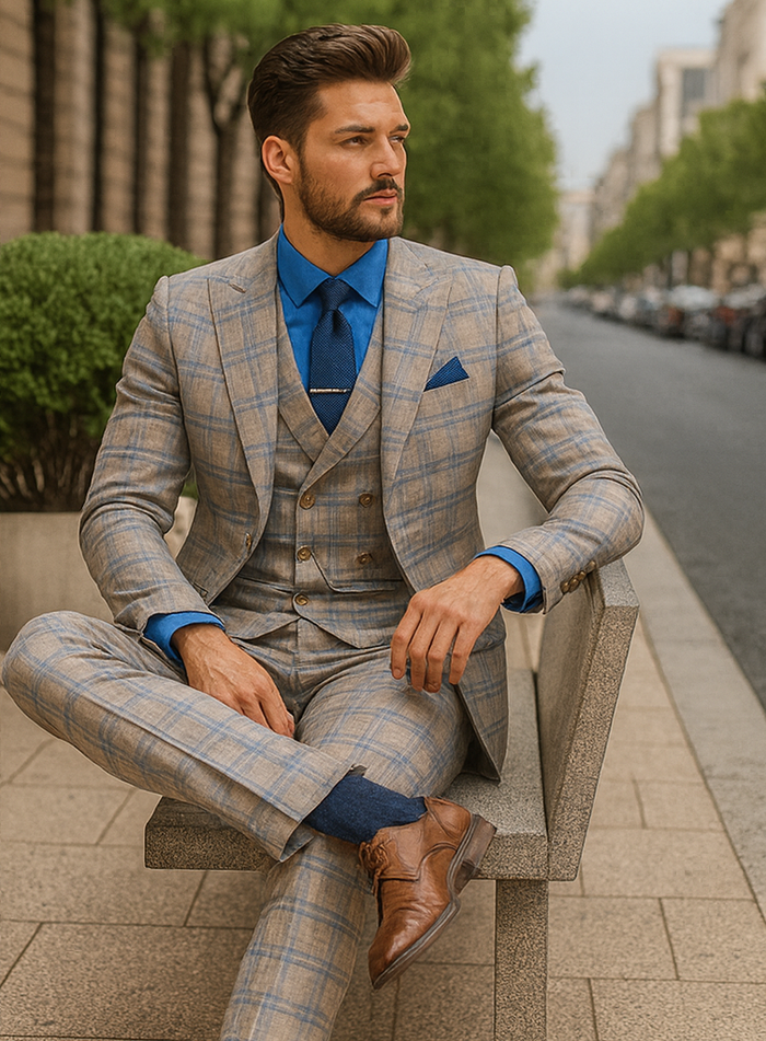 Light blue and beige plaid suit with a fitted silhouette, matching vest, and gold buttons. Includes a blue dress shirt and tailored pants. Completed with brown shoes.
