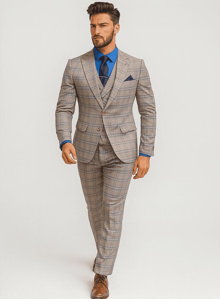 Elegant plaid suit with vest, featuring a fitted silhouette, gold buttons, and structured lapels. Light brown base with darker brown/blue check. Tapered trousers, precise fit. Formal and stylish.
