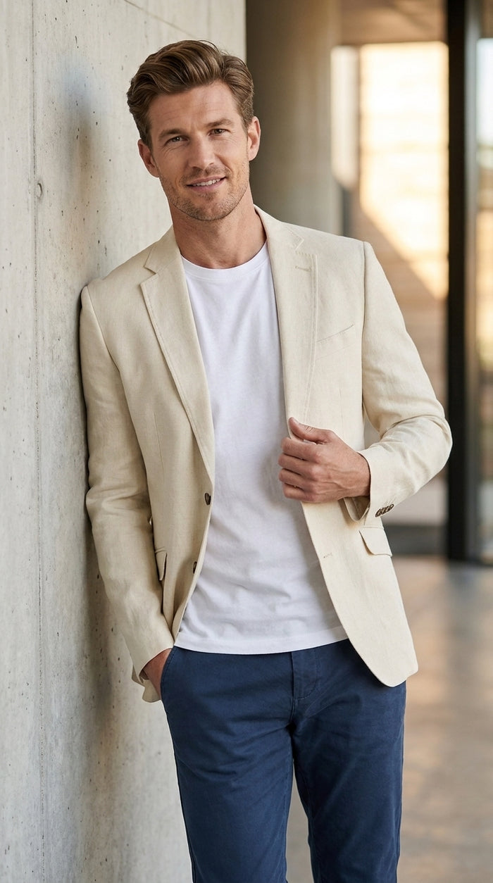 Mens Light Tan Sport Coat – Two-Button Classic Blazer for Business, Wedding & Casual Wear Cream Ivory Linen Fabric