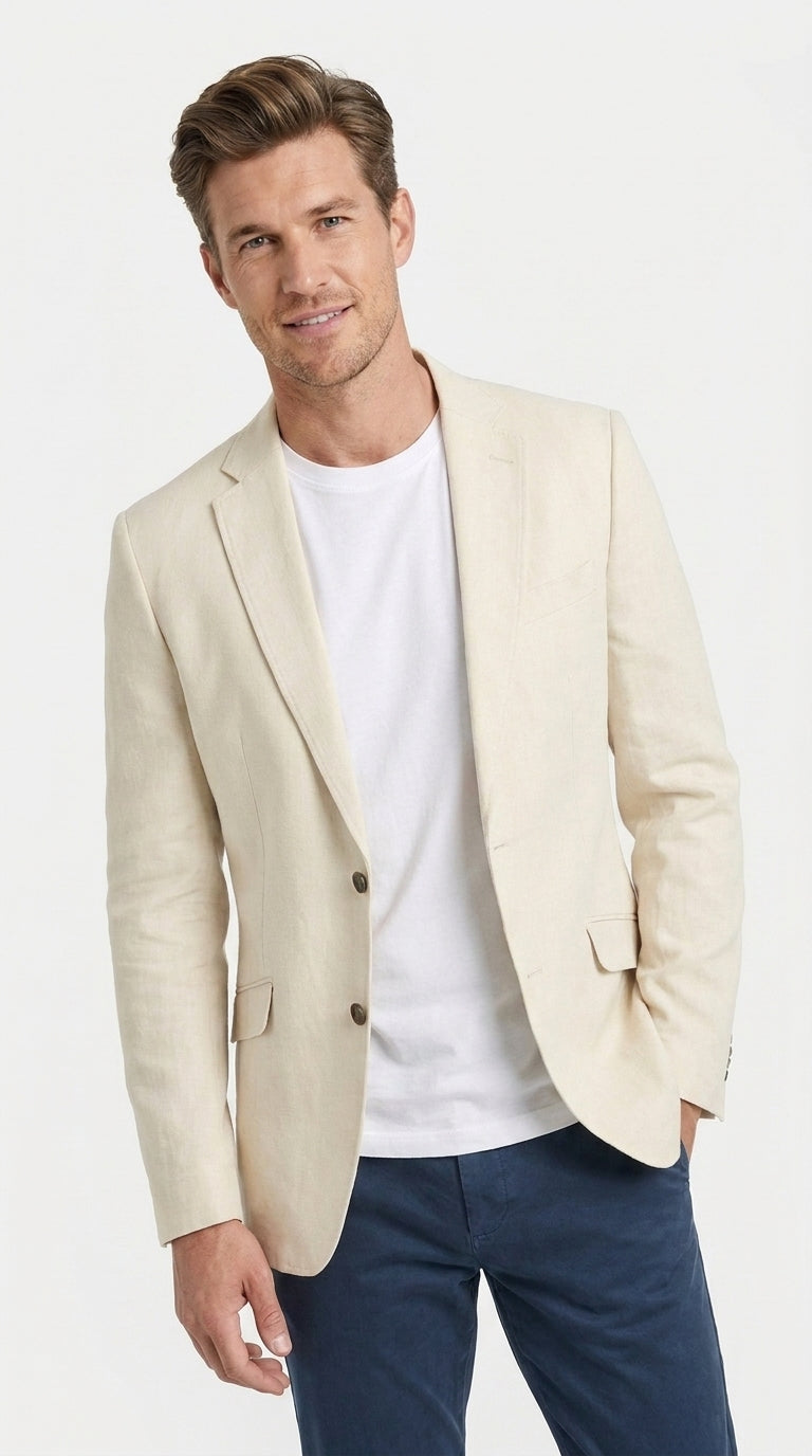 Mens Light Tan Sport Coat – Two-Button Classic Blazer for Business, Wedding & Casual Wear Cream Ivory Linen Fabric