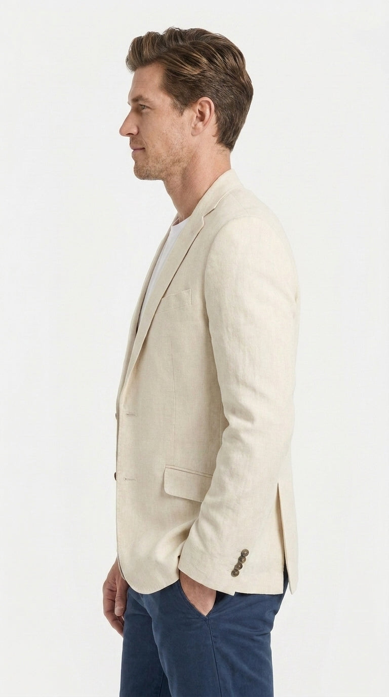 Mens Light Tan Sport Coat – Two-Button Classic Blazer for Business, Wedding & Casual Wear Cream Ivory Linen Fabric
